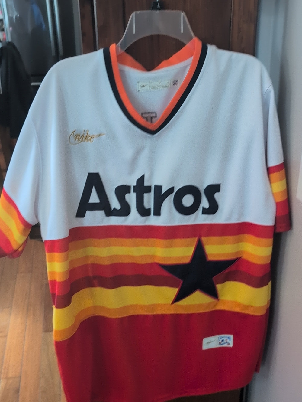 Nike Mens Houston Astros White Jersey with Orange, Red & Yellow Stripes, Large